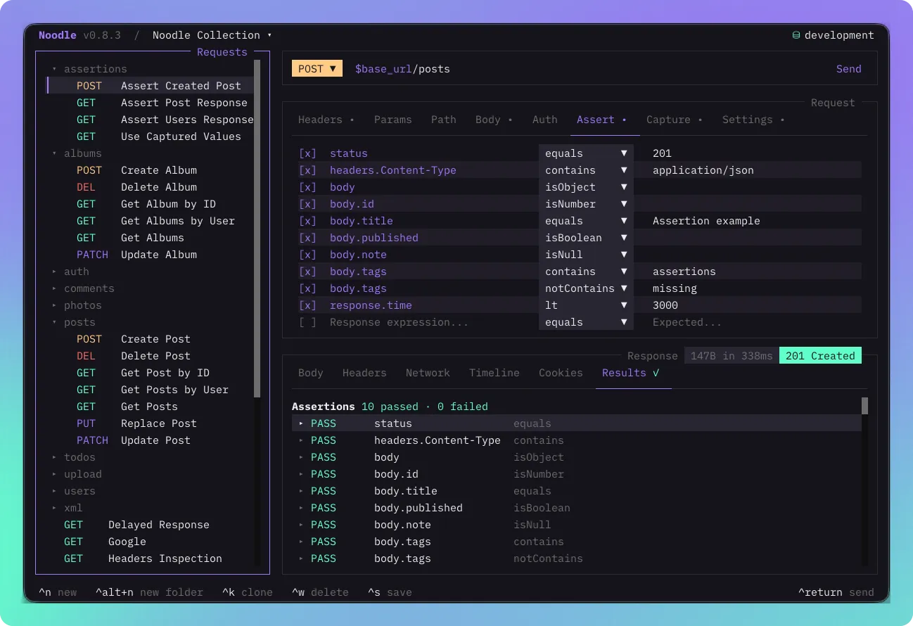Noodle showing the Assert request tab beside ten passing assertion results