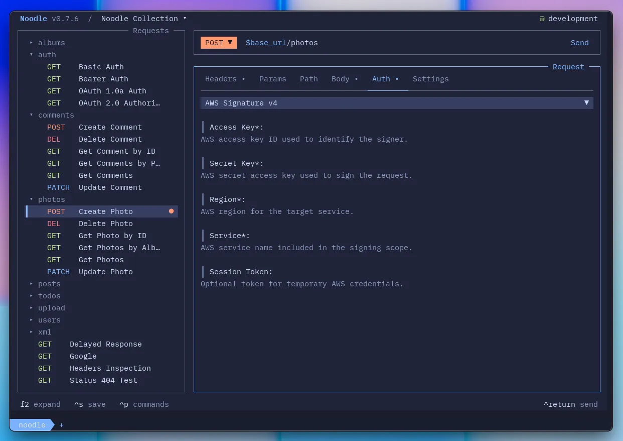 Noodle folder authentication editor configured for AWS Signature Version 4