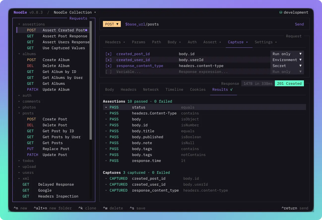 Noodle showing the Capture request tab with Run only, Environment, and Secret persistence choices beside capture results