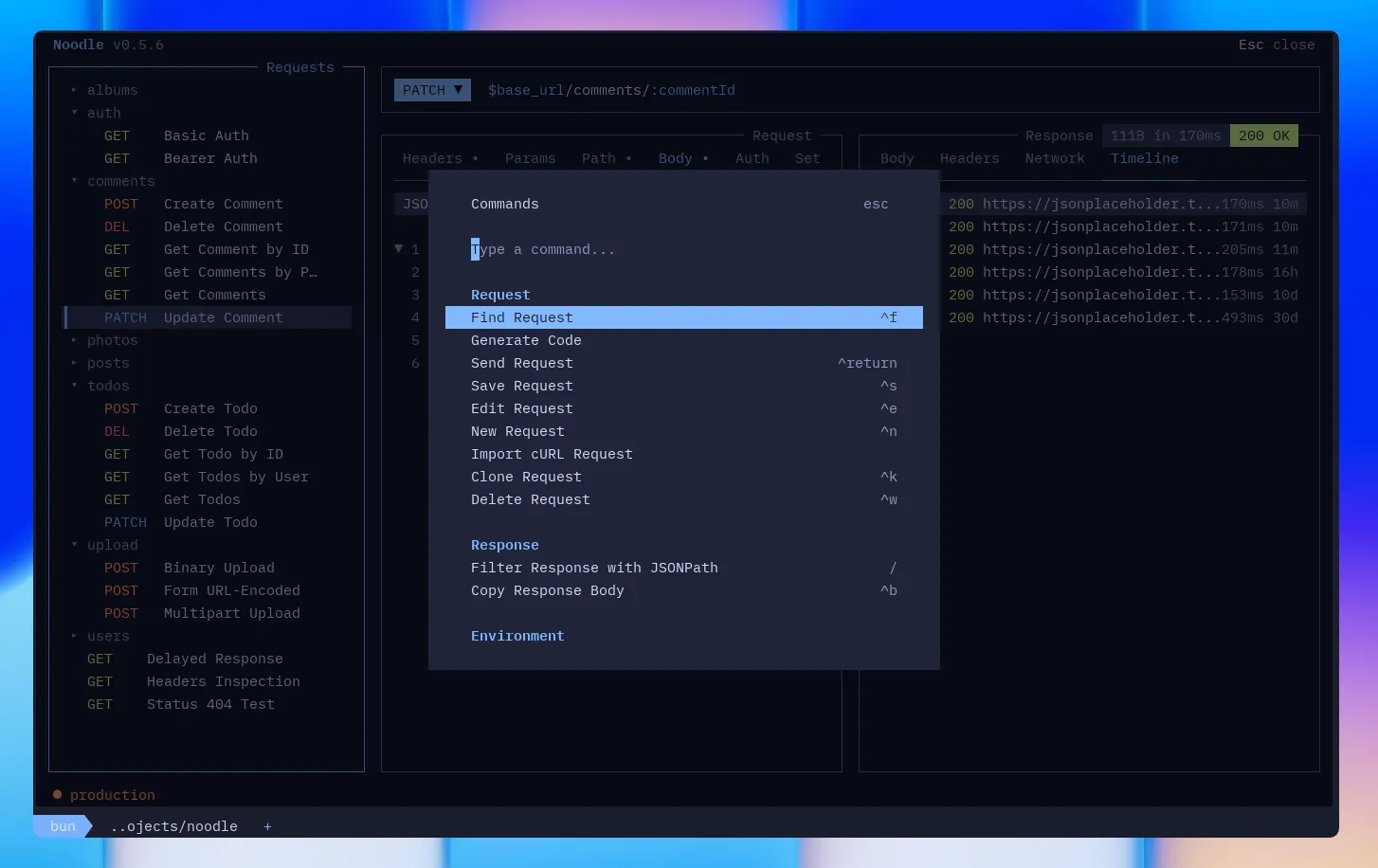 Noodle command palette showing grouped actions