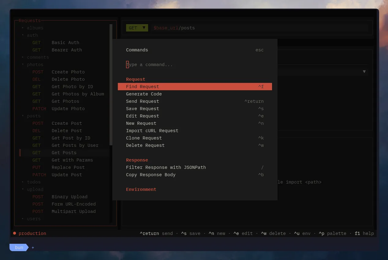 Noodle command palette showing grouped actions