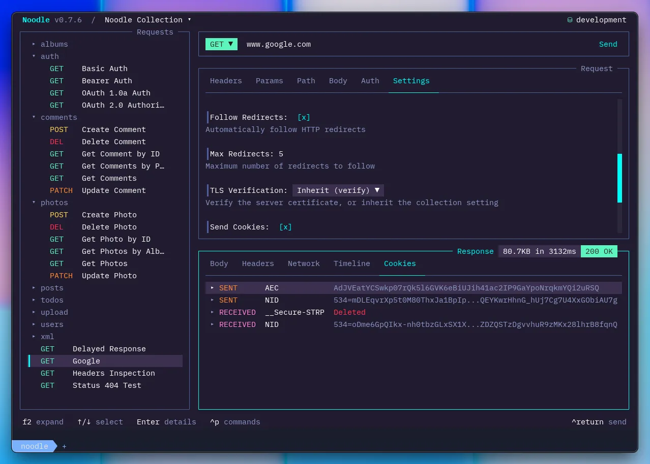 Noodle showing the request cookie setting and sent and received cookies in the response pane