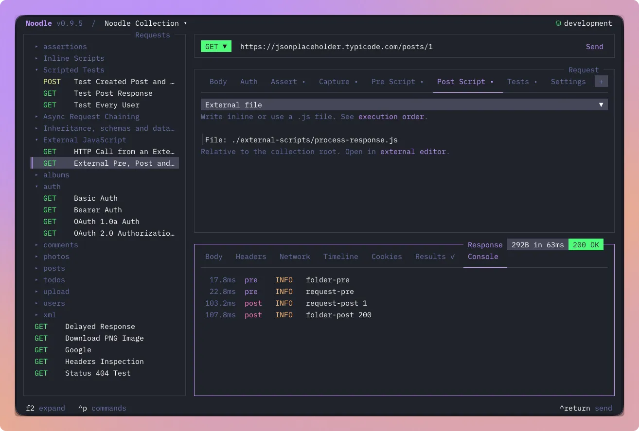 Noodle external Post Script file reference above Console logs showing pre and post phases, levels, and elapsed times