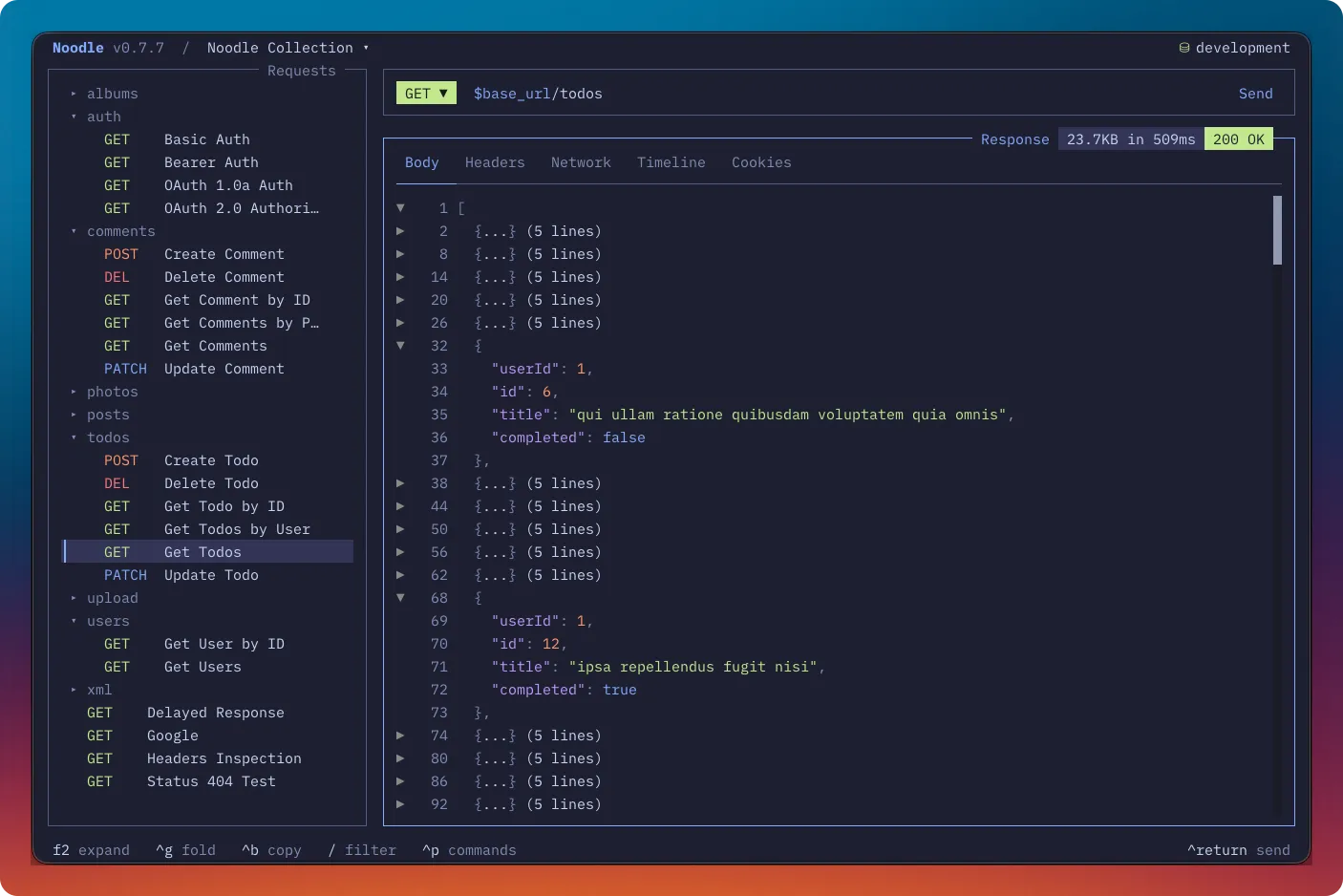 A folded JSON response in Noodle’s code editor
