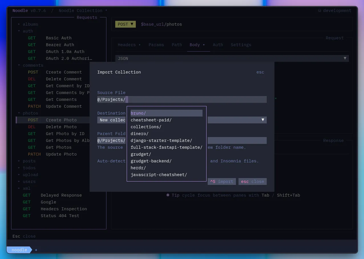 Noodle showing the Export Collection overlay with OpenAPI selected and path completion open