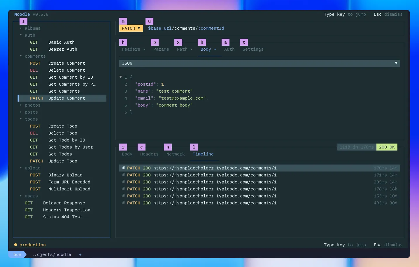 Noodle showing jump mode letter hints for navigating the terminal interface
