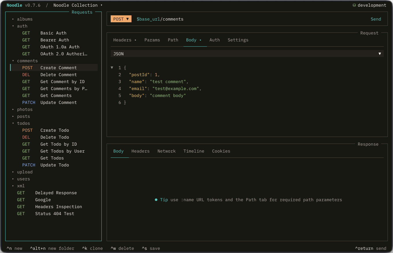 Noodle terminal interface showing a request collection, request editor, and response inspector