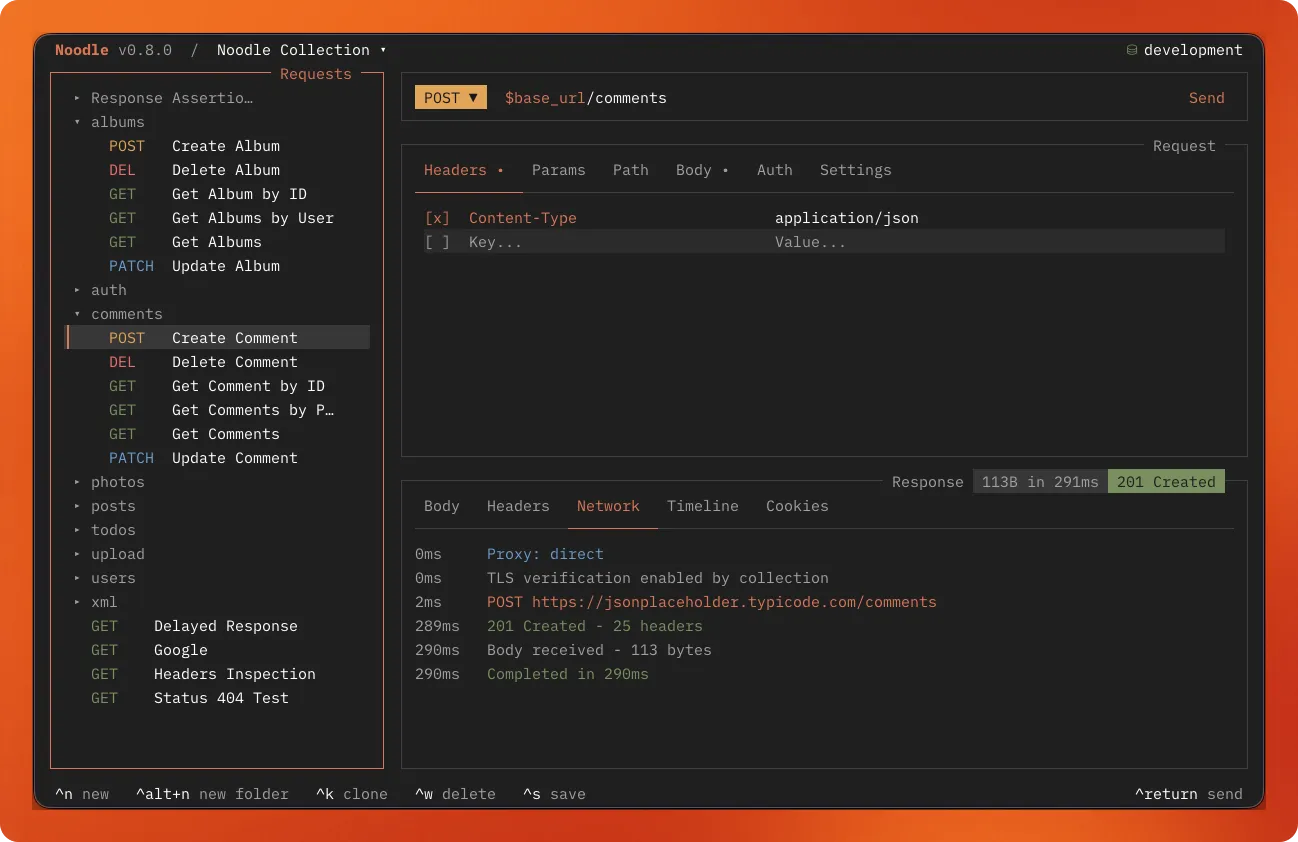Noodle using the Claude Code theme with a request and network trace open