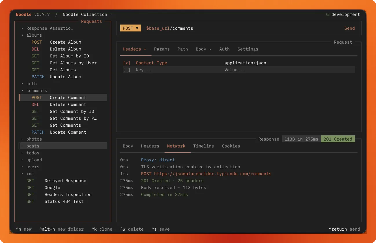 Noodle using the Claude Code theme with a request and network trace open