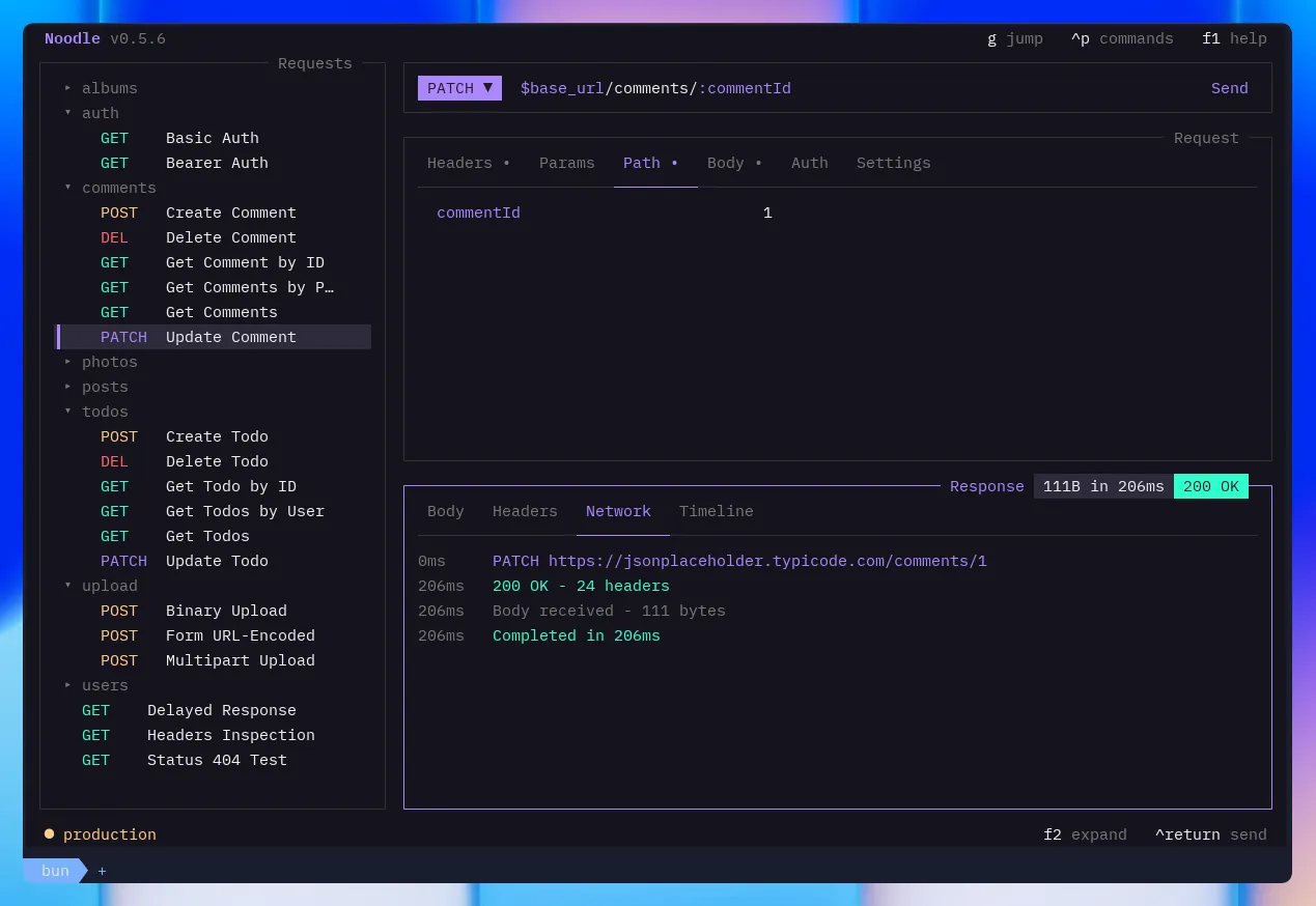 Noodle showing a Path tab for a commentId URL parameter and a live Network response tab