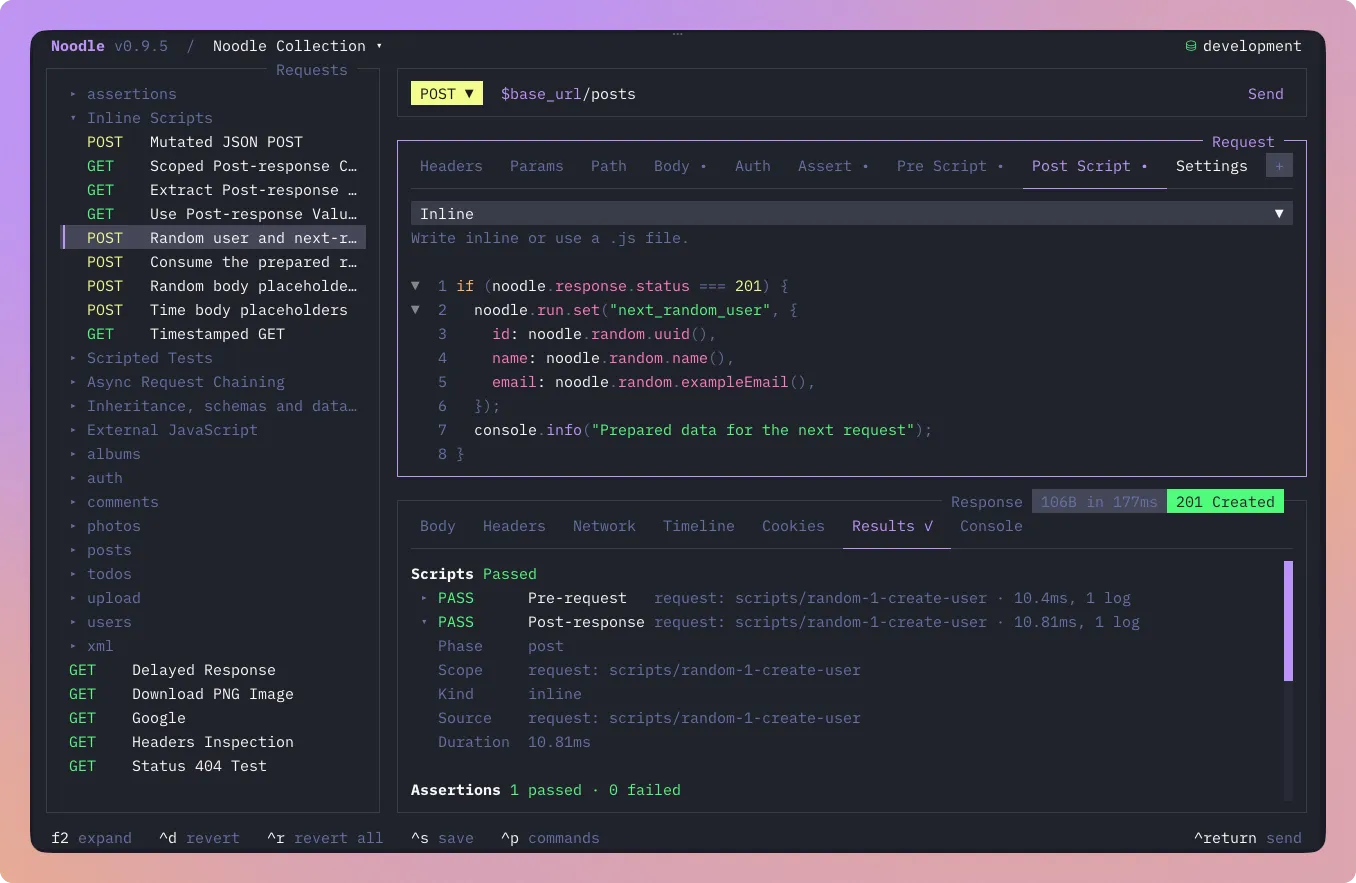 Noodle Post Script editor preparing data for the next request, with expanded post-response diagnostics