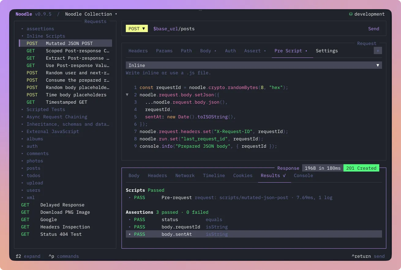 Noodle Pre Script editor adding a request ID and timestamp, with passing script and assertion results