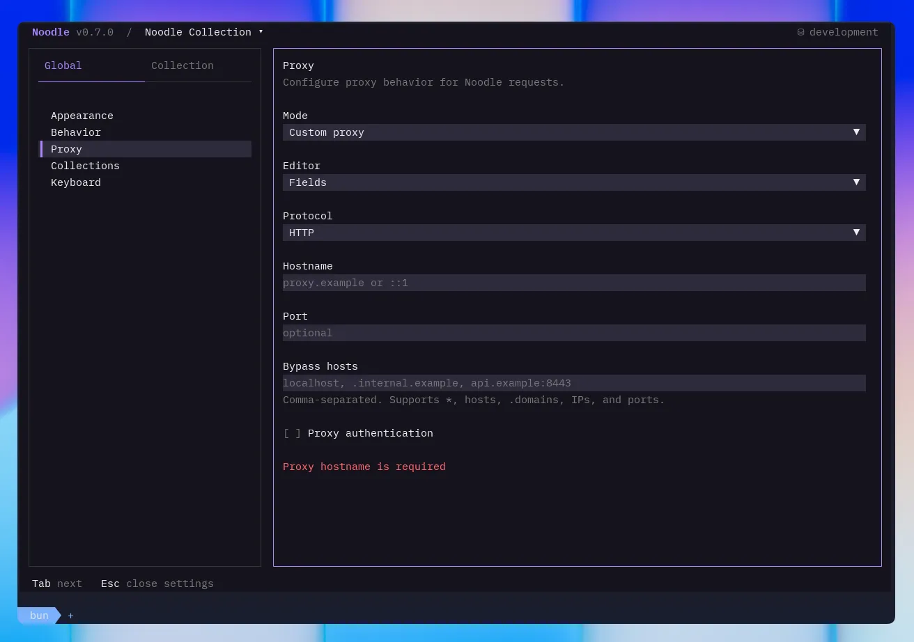 Noodle Settings showing custom proxy configuration