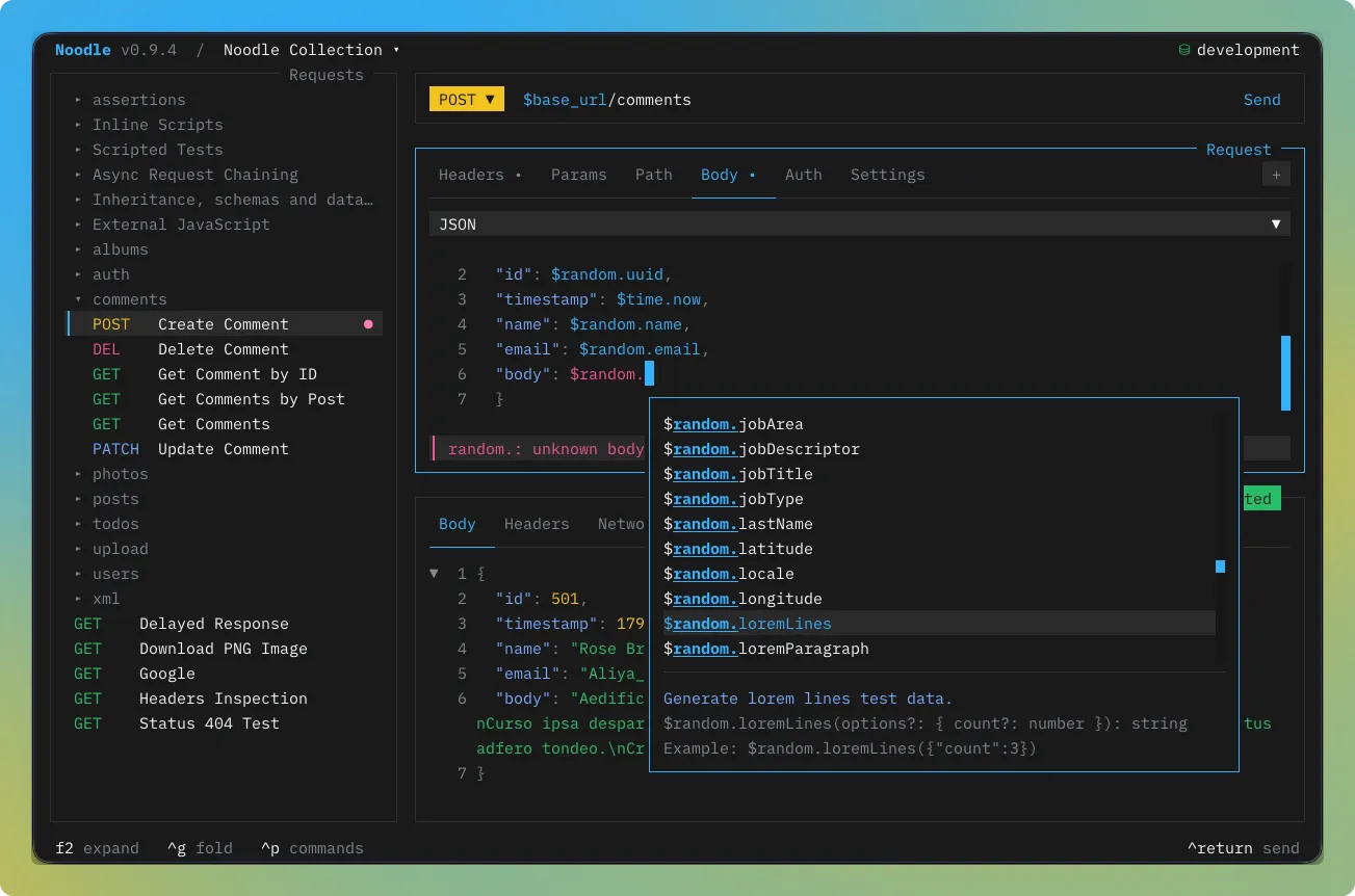 Noodle showing random body placeholder completion with method descriptions and examples
