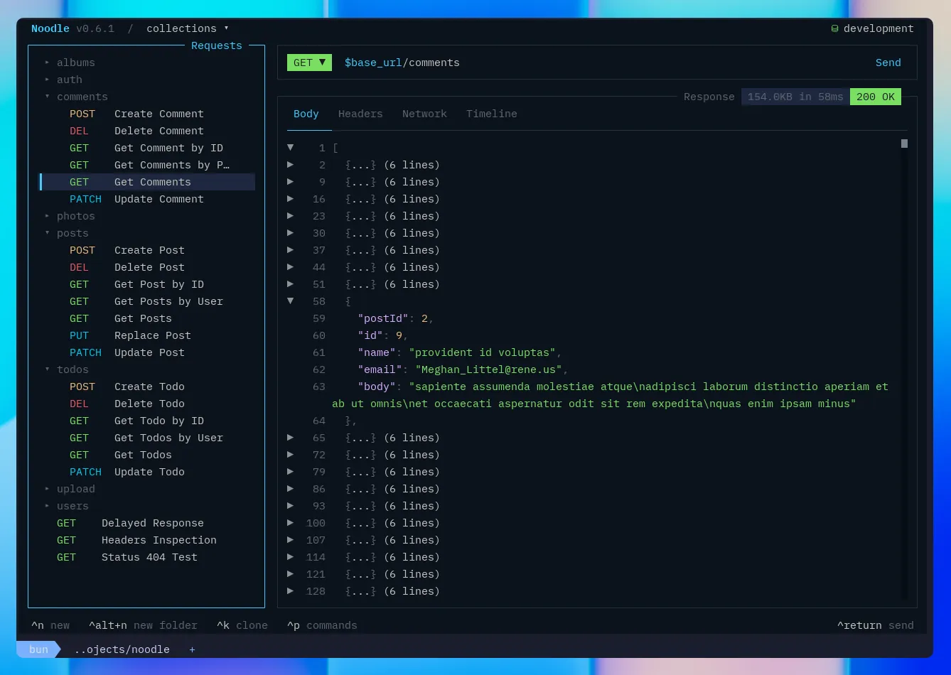 Noodle showing a large JSON response with several objects folded in the response editor