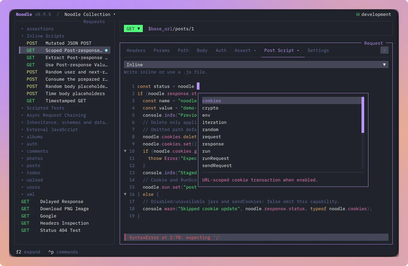 Noodle Post Script editor showing noodle API suggestions, a selected method description, and an inline syntax diagnostic