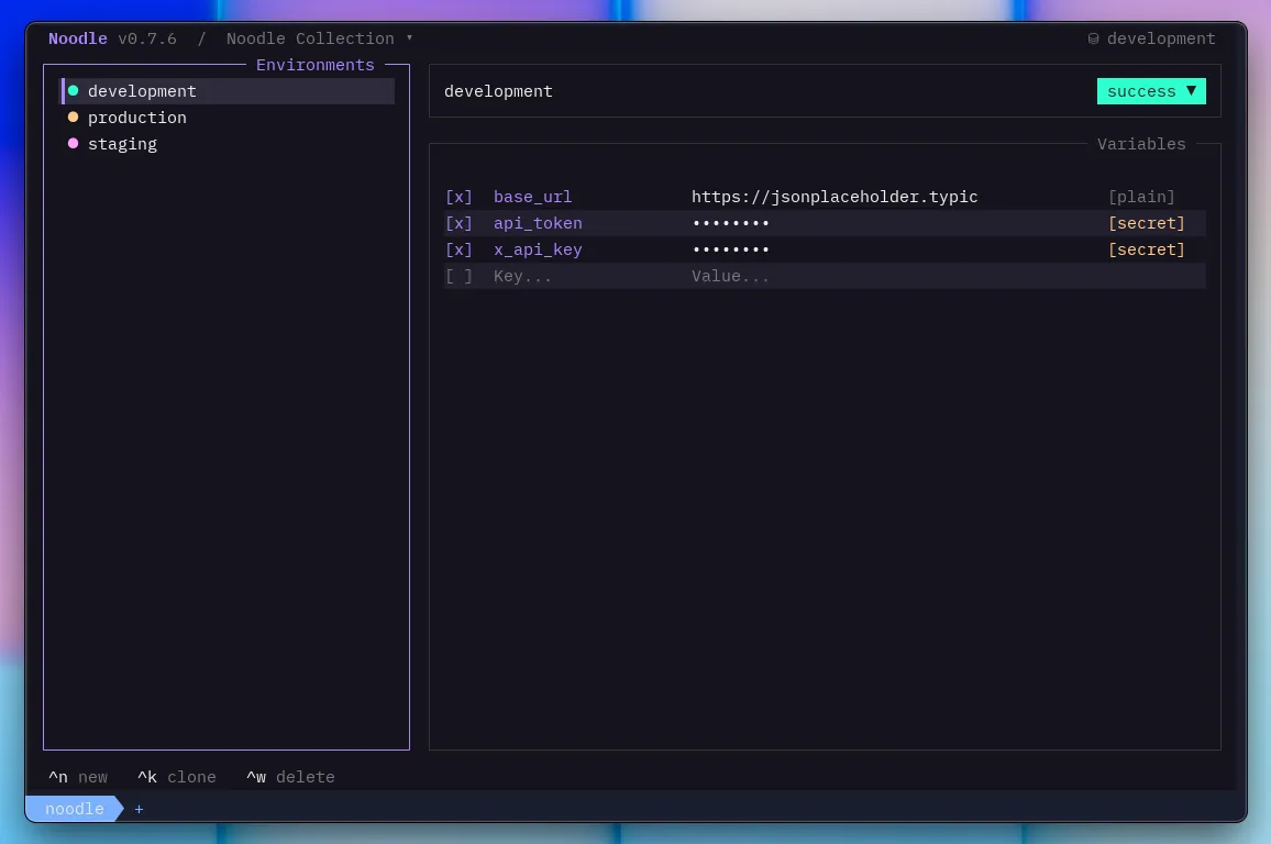 Noodle environment editor showing masked secret variables stored outside the environment file