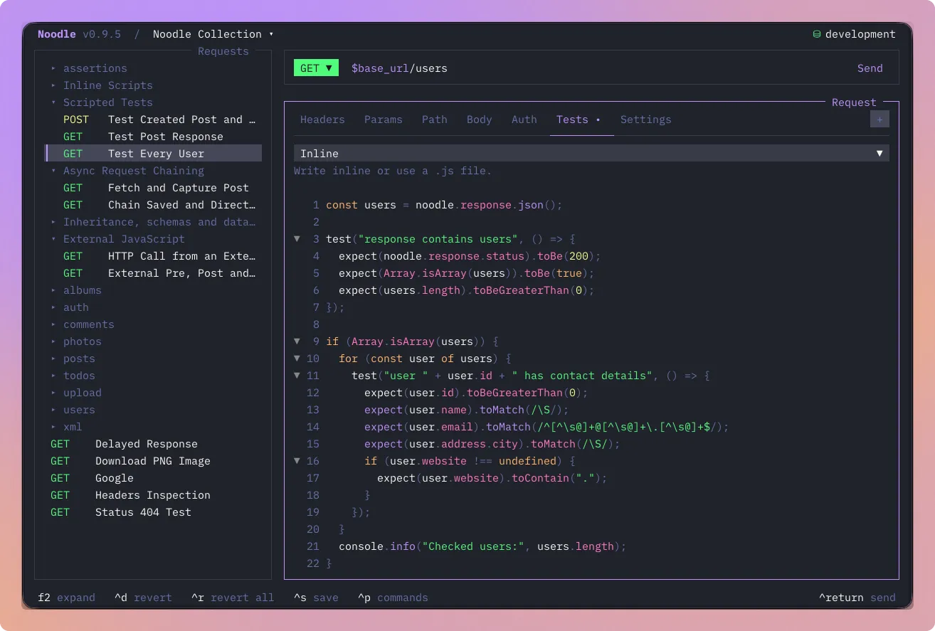 Noodle Tests editor checking a users response with test and expect assertions