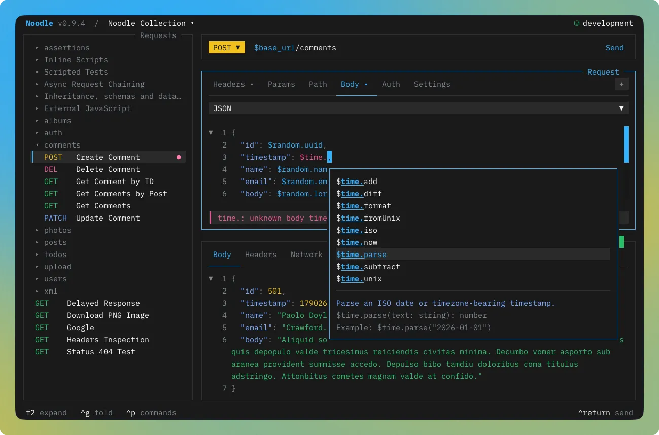 Noodle showing time body placeholder completion with timestamp helpers and a parse example